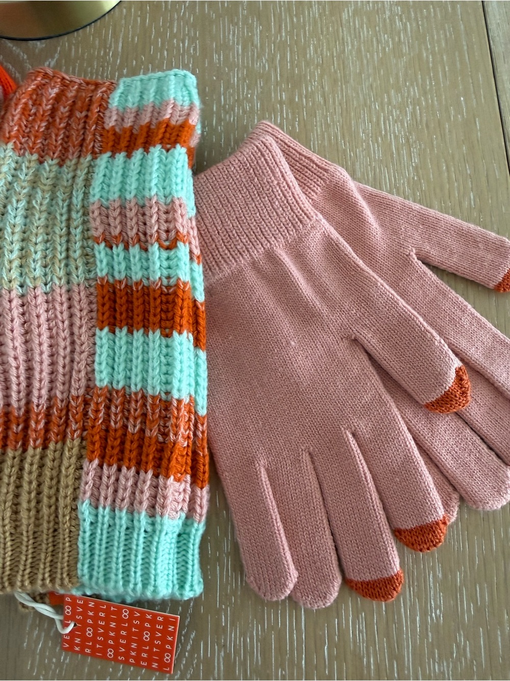 Soft Pink Touchscreen Gloves with Striped Knit Scarf